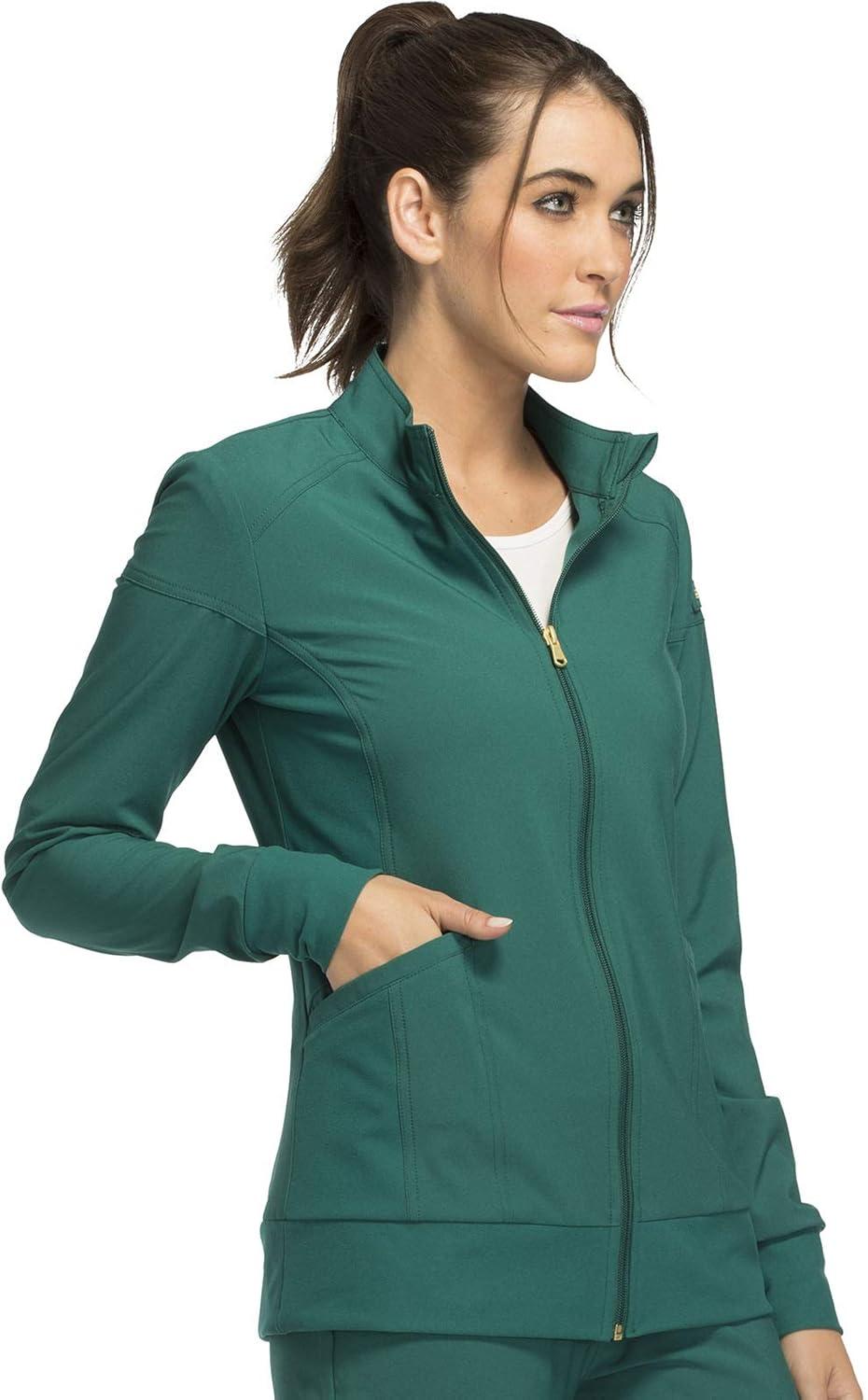imageCherokee Womens Zip Front Scrub Jacket 2 Pockets Princess Seams Moisture Wicking 360 Stretch Fabric CK303Hunter Green