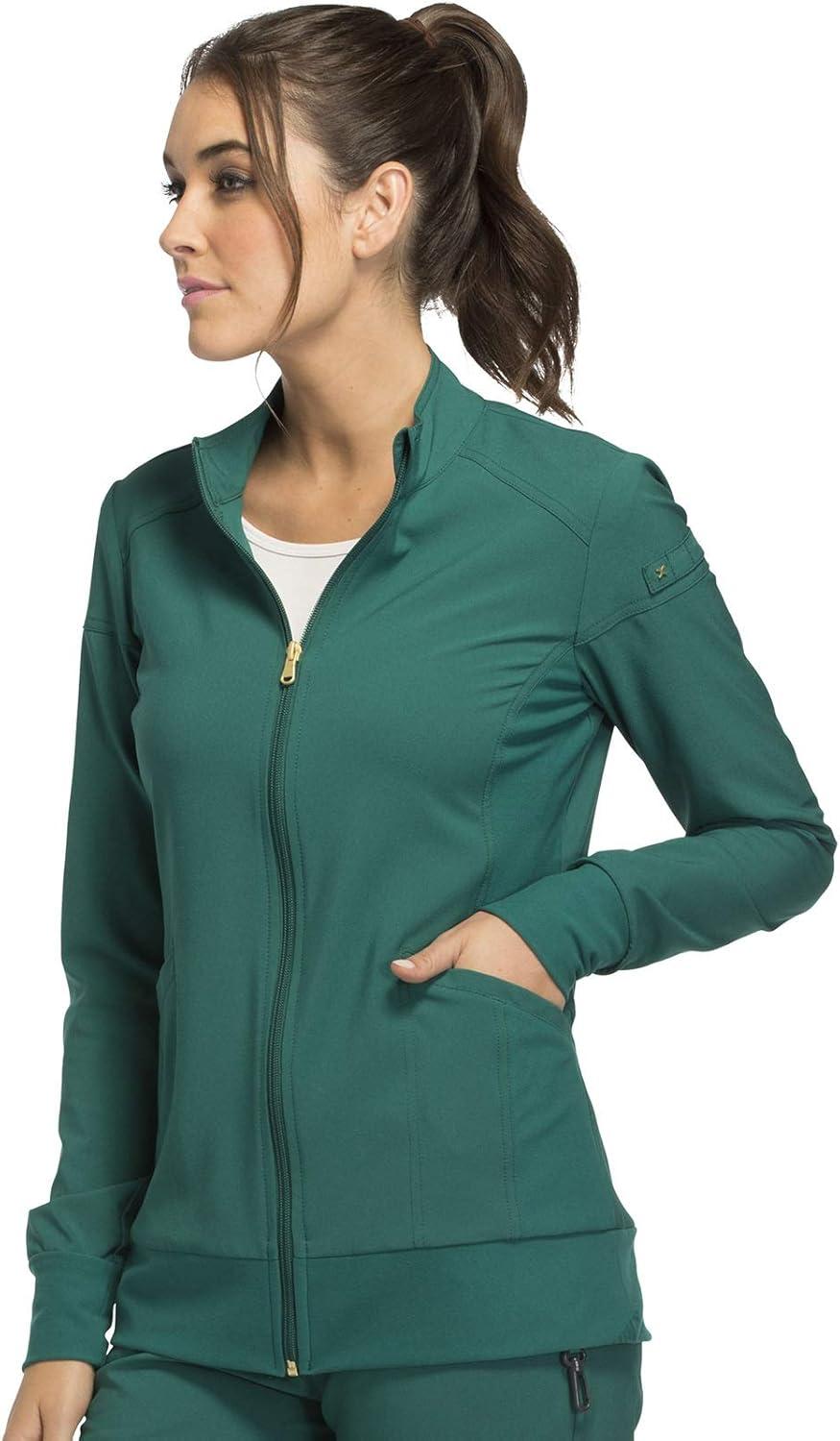 imageCherokee Womens Zip Front Scrub Jacket 2 Pockets Princess Seams Moisture Wicking 360 Stretch Fabric CK303Hunter Green