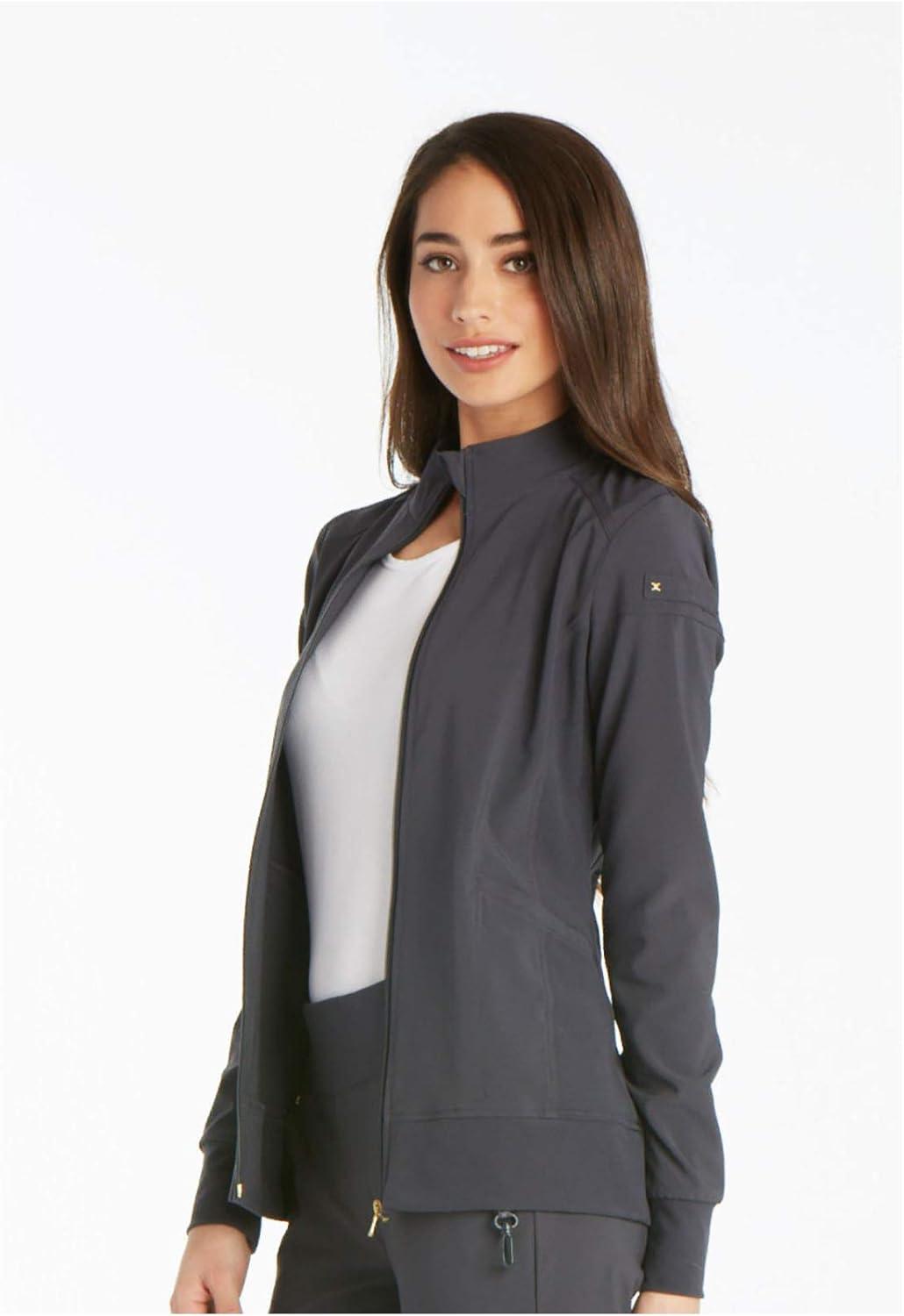 imageCherokee Womens Zip Front Scrub Jacket 2 Pockets Princess Seams Moisture Wicking 360 Stretch Fabric CK303Pewter