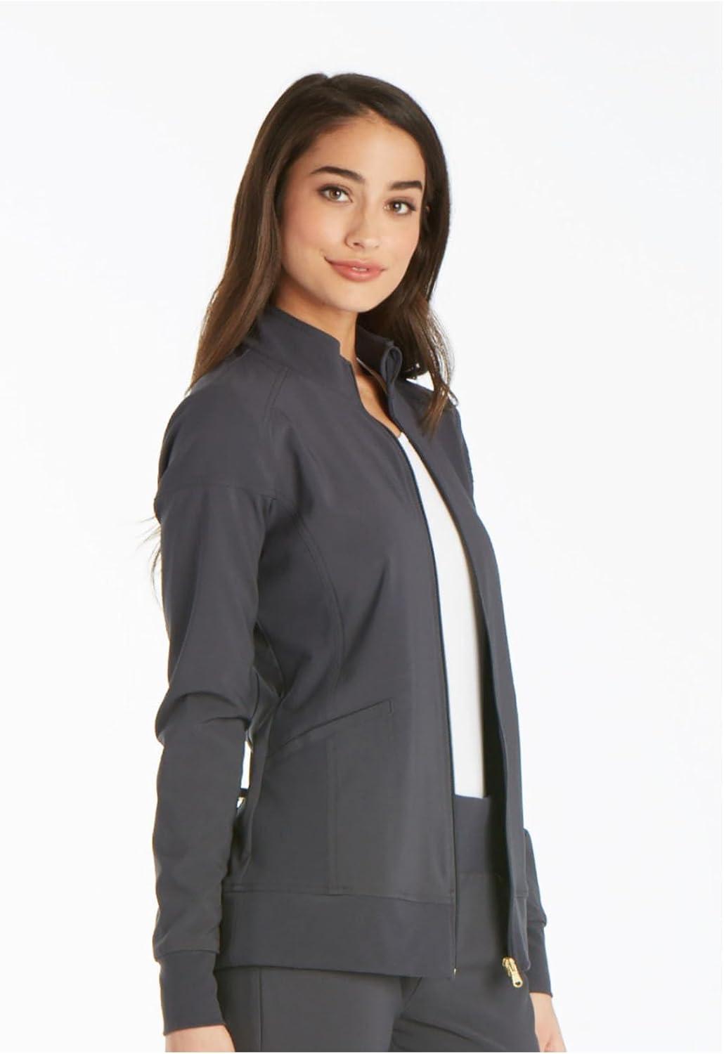 imageCherokee Womens Zip Front Scrub Jacket 2 Pockets Princess Seams Moisture Wicking 360 Stretch Fabric CK303Pewter