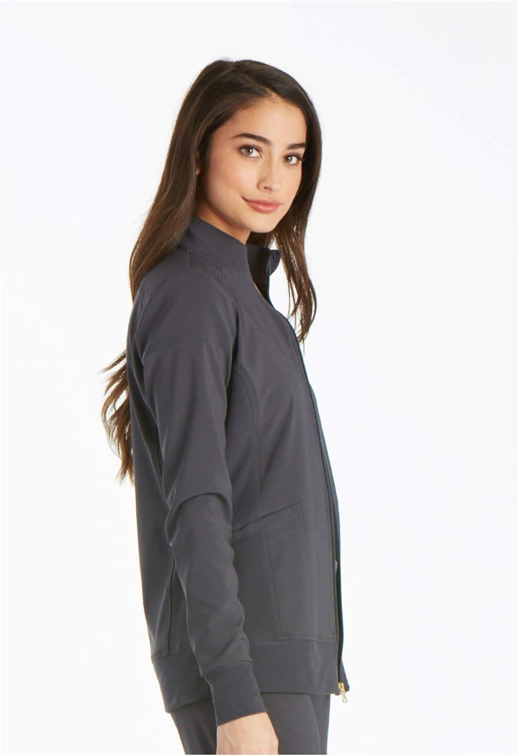 imageCherokee Womens Zip Front Scrub Jacket 2 Pockets Princess Seams Moisture Wicking 360 Stretch Fabric CK303Pewter
