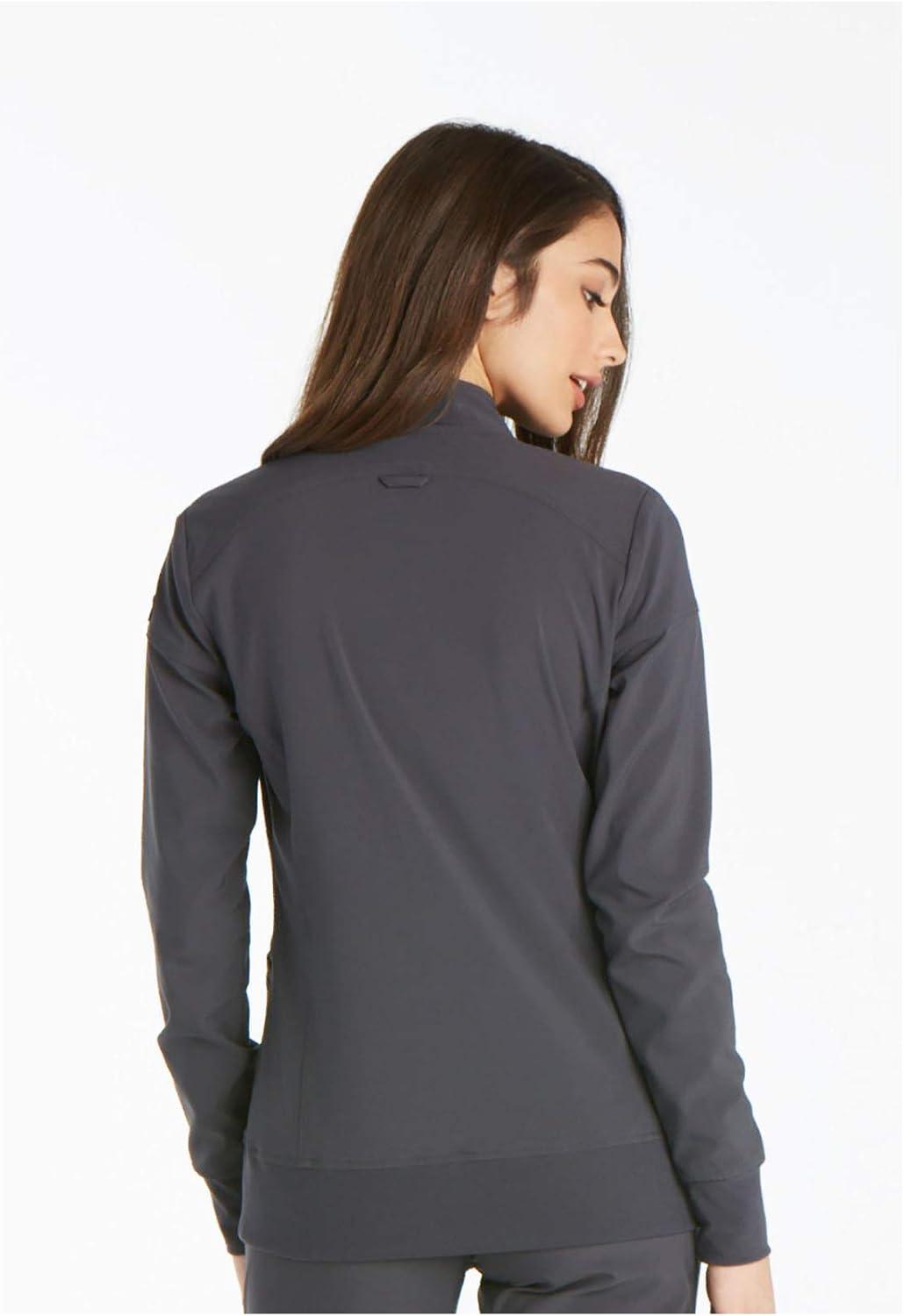 imageCherokee Womens Zip Front Scrub Jacket 2 Pockets Princess Seams Moisture Wicking 360 Stretch Fabric CK303Pewter