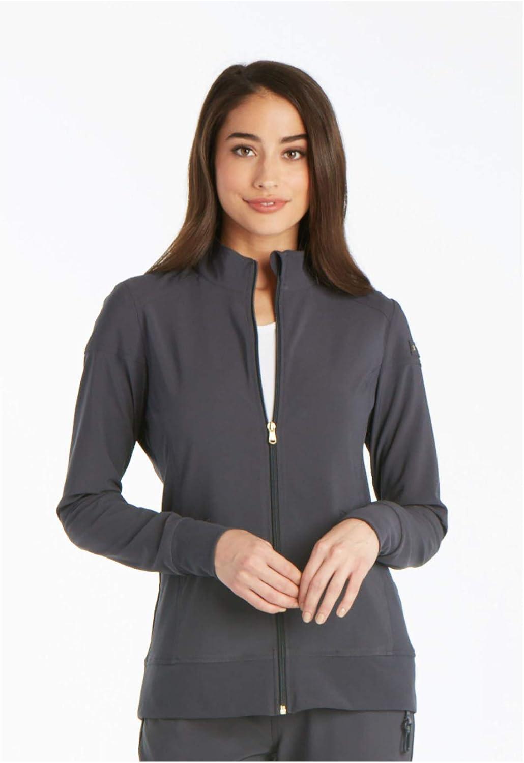 imageCherokee Womens Zip Front Scrub Jacket 2 Pockets Princess Seams Moisture Wicking 360 Stretch Fabric CK303Pewter