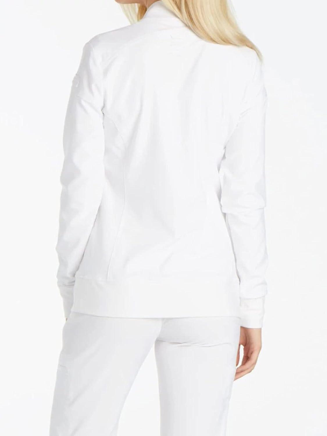 imageCherokee Womens Zip Front Scrub Jacket 2 Pockets Princess Seams Moisture Wicking 360 Stretch Fabric CK303White