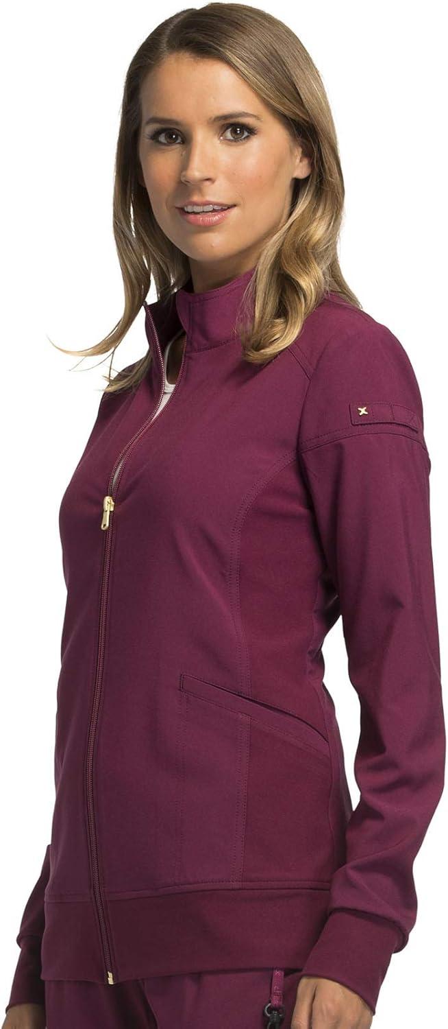 imageCherokee Womens Zip Front Scrub Jacket 2 Pockets Princess Seams Moisture Wicking 360 Stretch Fabric CK303Wine
