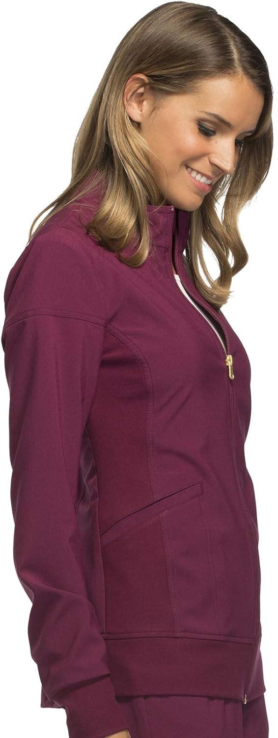 imageCherokee Womens Zip Front Scrub Jacket 2 Pockets Princess Seams Moisture Wicking 360 Stretch Fabric CK303Wine
