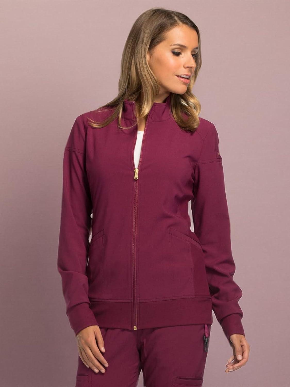 imageCherokee Womens Zip Front Scrub Jacket 2 Pockets Princess Seams Moisture Wicking 360 Stretch Fabric CK303Wine