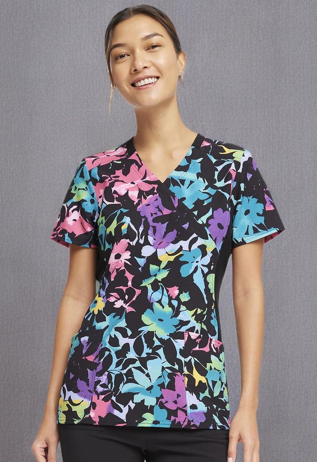imageCherokee iFlex Women Scrubs Top Mock Wrap Knit Panel Print CK642Rainbow Fleurs