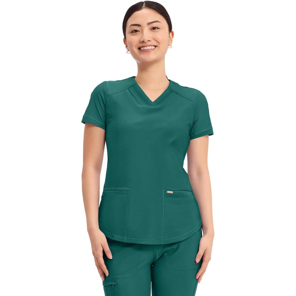 imageCherokee Form Scrub Tops for Women Stretchy VNeck Knit Scrub Top CK840Hunter Green