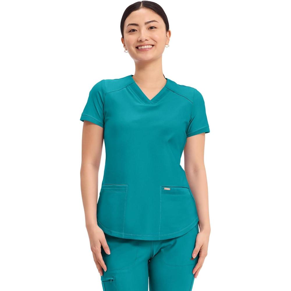 imageCherokee Form Scrub Tops for Women Stretchy VNeck Knit Scrub Top CK840Teal Blue