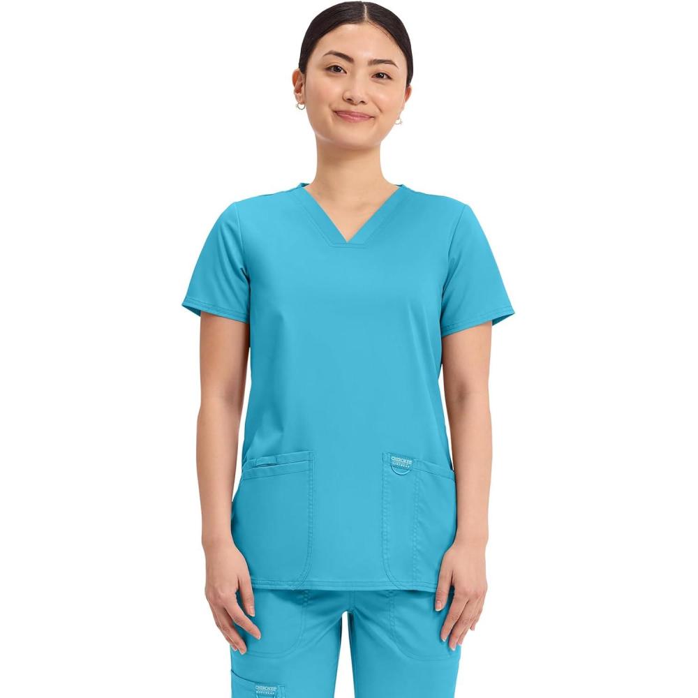 imageCherokee Medical Womens Scrub Top VNeck Modern Classic Fit with 3 Pockets Ultra Soft and 2Way Stretch Fabric WW620Turquoise