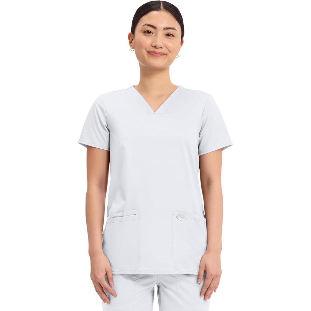 imageCherokee Medical Womens Scrub Top VNeck Modern Classic Fit with 3 Pockets Ultra Soft and 2Way Stretch Fabric  WW620White