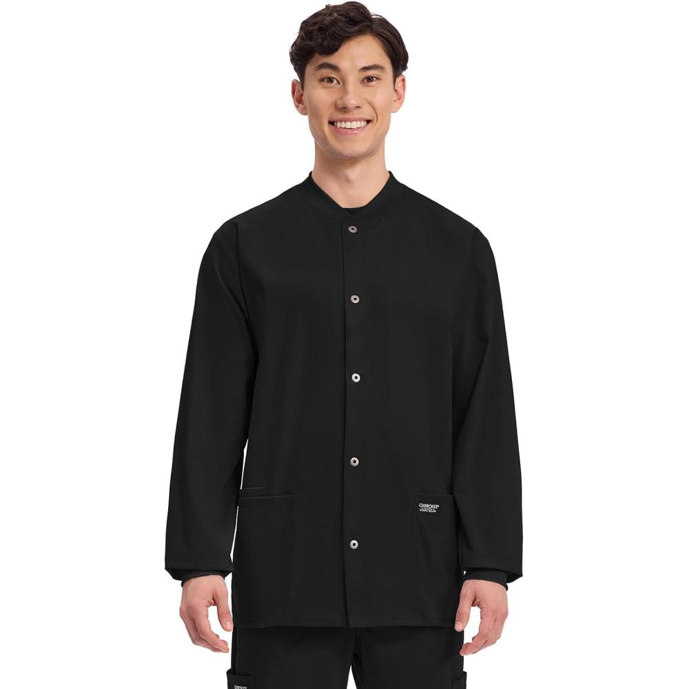 imageCherokee Mens Scrub Jacket Snap Front Medical with 3 Pockets Knit Cuffs Soft Fade Resistant 2Way Stretch WW360Black