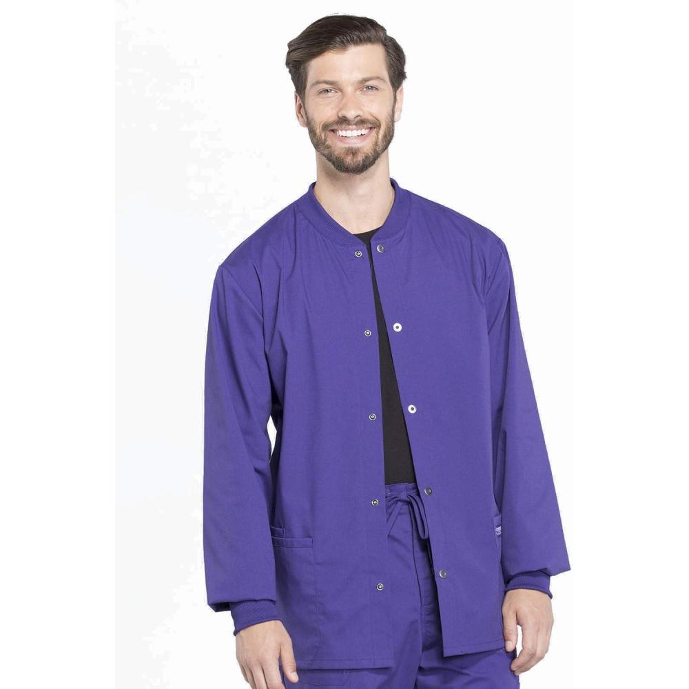 imageCherokee Mens Scrub Jacket Snap Front Medical with 3 Pockets Knit Cuffs Soft Fade Resistant 2Way Stretch WW360Grape