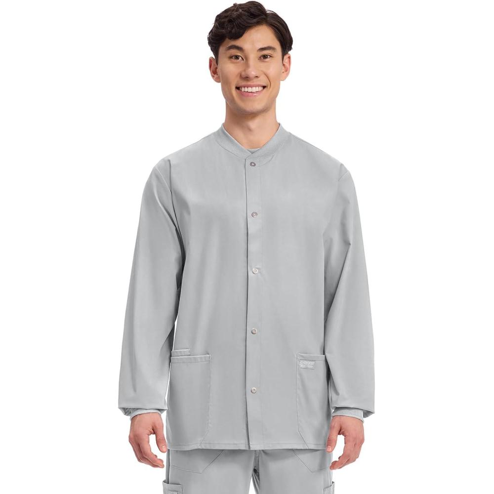 imageCherokee Mens Scrub Jacket Snap Front Medical with 3 Pockets Knit Cuffs Soft Fade Resistant 2Way Stretch WW360Grey