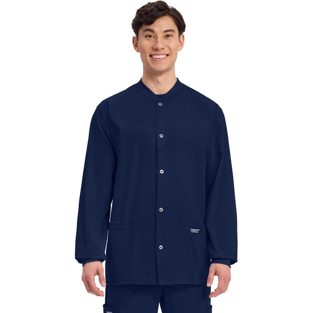 imageCherokee Mens Scrub Jacket Snap Front Medical with 3 Pockets Knit Cuffs Soft Fade Resistant 2Way Stretch WW360Navy