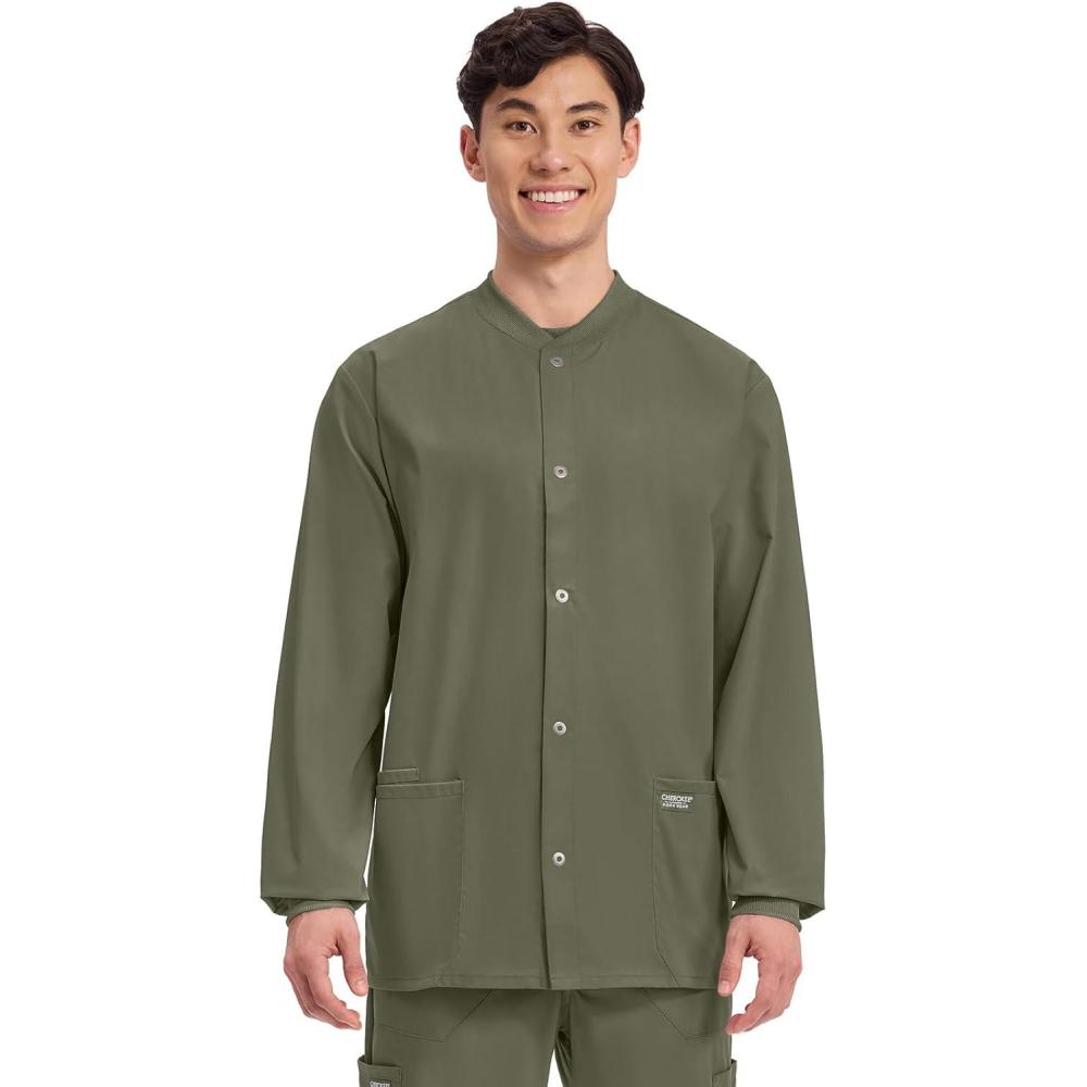 imageCherokee Mens Scrub Jacket Snap Front Medical with 3 Pockets Knit Cuffs Soft Fade Resistant 2Way Stretch WW360Olive
