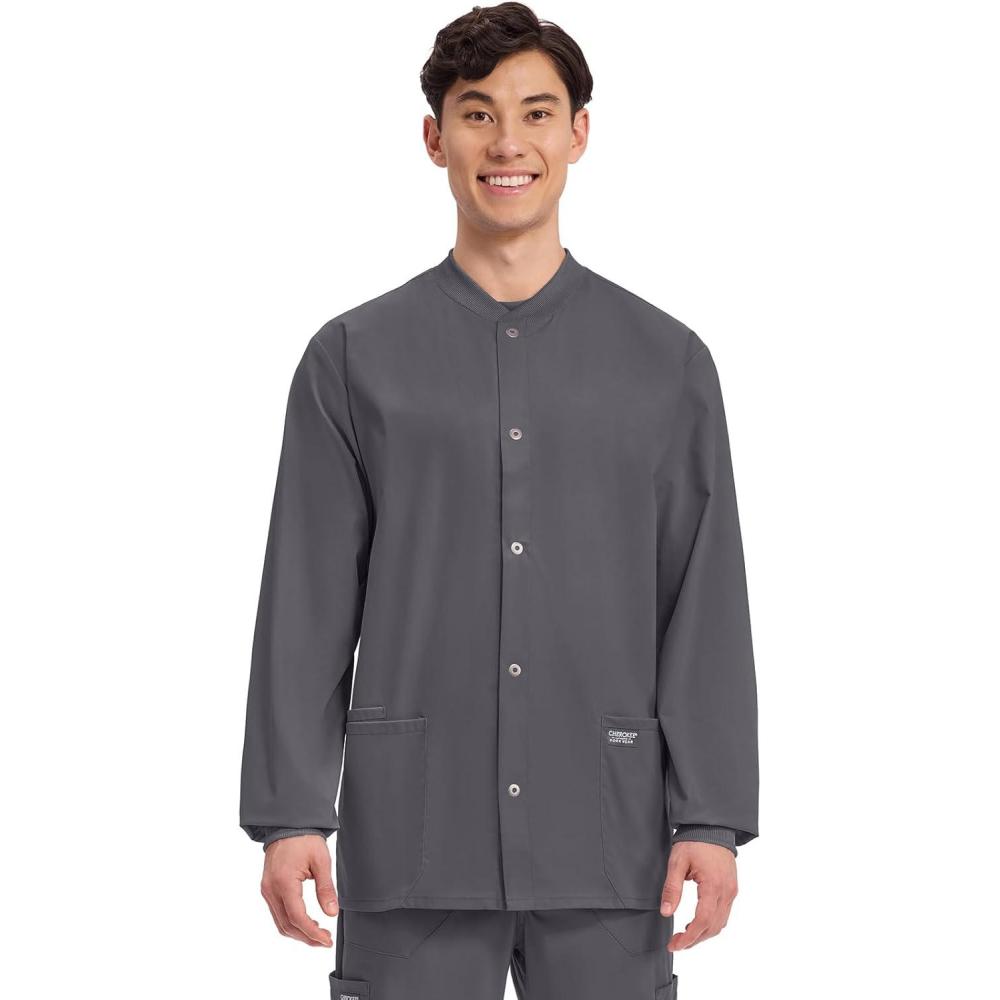 imageCherokee Mens Scrub Jacket Snap Front Medical with 3 Pockets Knit Cuffs Soft Fade Resistant 2Way Stretch WW360Pewter