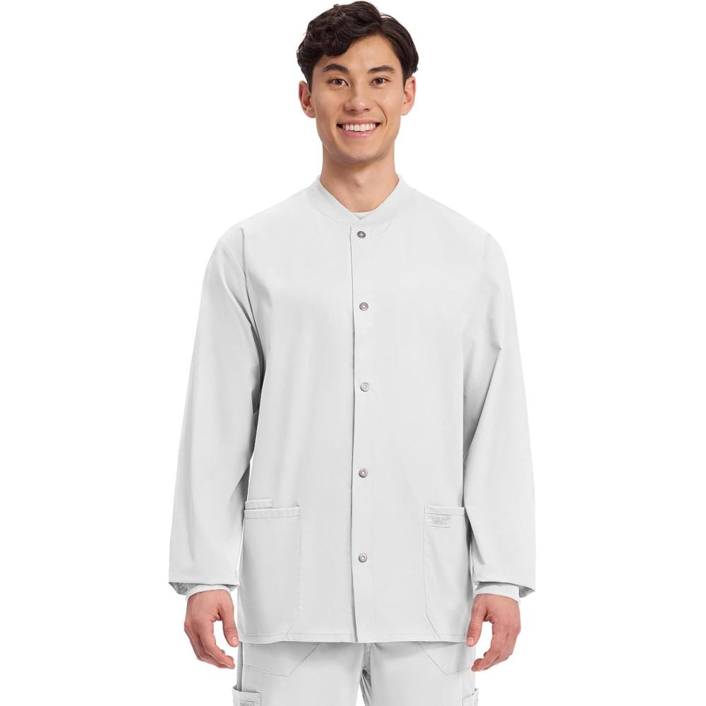 imageCherokee Mens Scrub Jacket Snap Front Medical with 3 Pockets Knit Cuffs Soft Fade Resistant 2Way Stretch WW360White