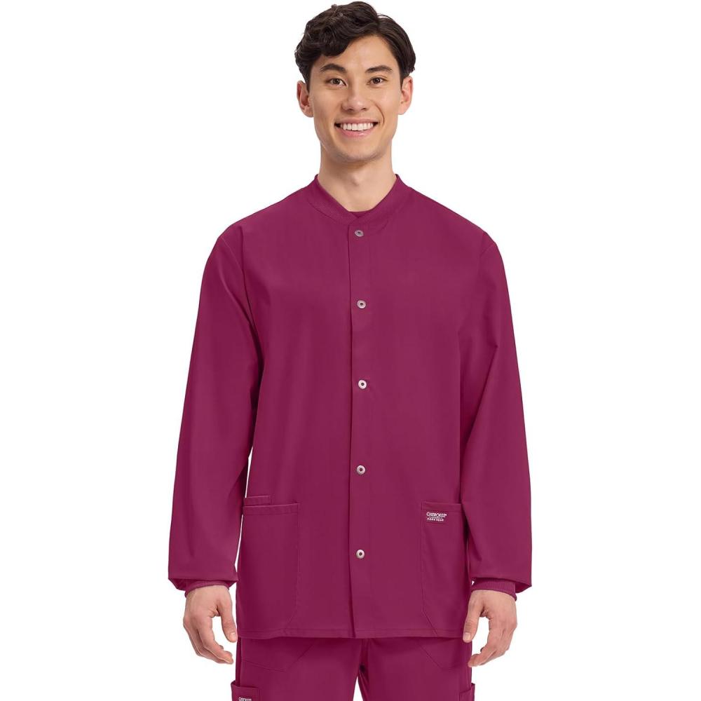 imageCherokee Mens Scrub Jacket Snap Front Medical with 3 Pockets Knit Cuffs Soft Fade Resistant 2Way Stretch WW360Wine