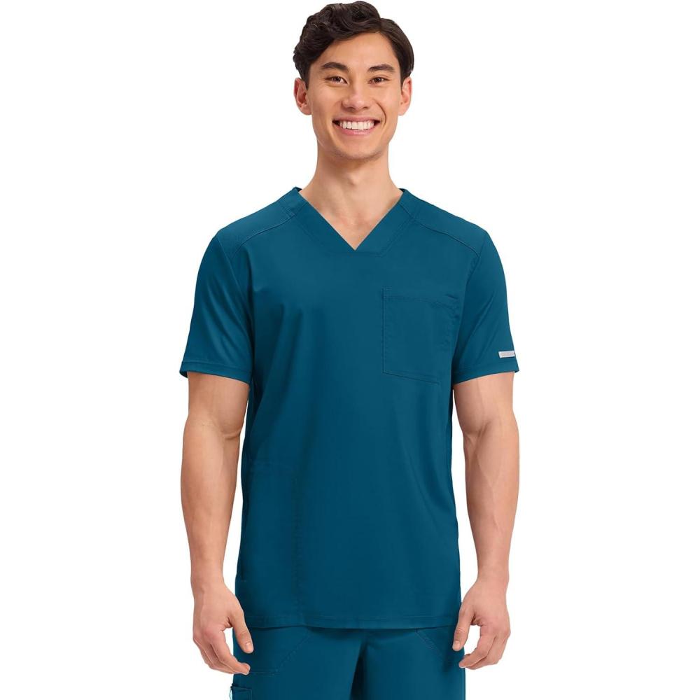 imageCherokee Mens VNeck Scrub Top with Mesh Yoke and Side Panels for Extra Breathability WW603Caribbean Blue
