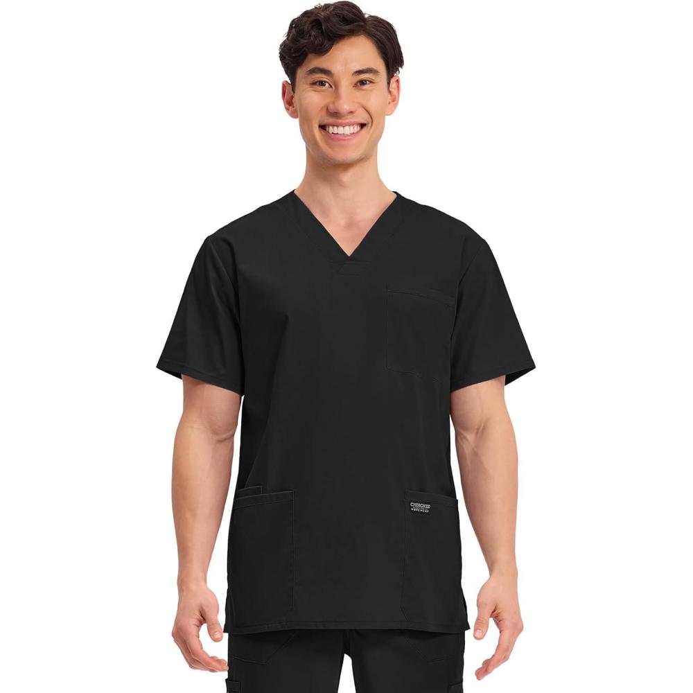 imageCherokee Mens VNeck Top Traditional fit with 4 Pockets Ultra Soft Durable Fade Resistant 2Way Stretch Fabric WW695Black
