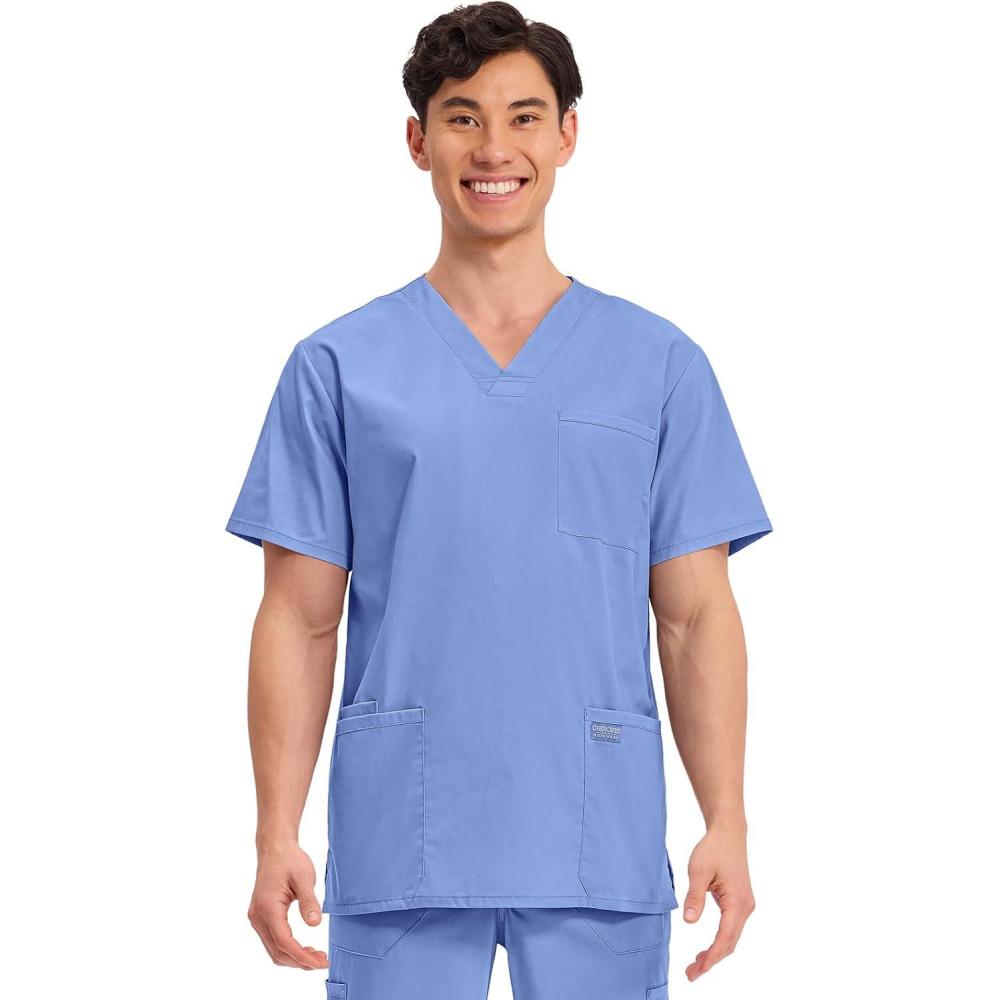 imageCherokee Mens VNeck Top Traditional fit with 4 Pockets Ultra Soft Durable Fade Resistant 2Way Stretch Fabric WW695Ciel Blue