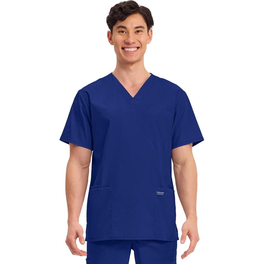 imageCherokee Mens VNeck Top Traditional fit with 4 Pockets Ultra Soft Durable Fade Resistant 2Way Stretch Fabric WW695Galaxy Blue