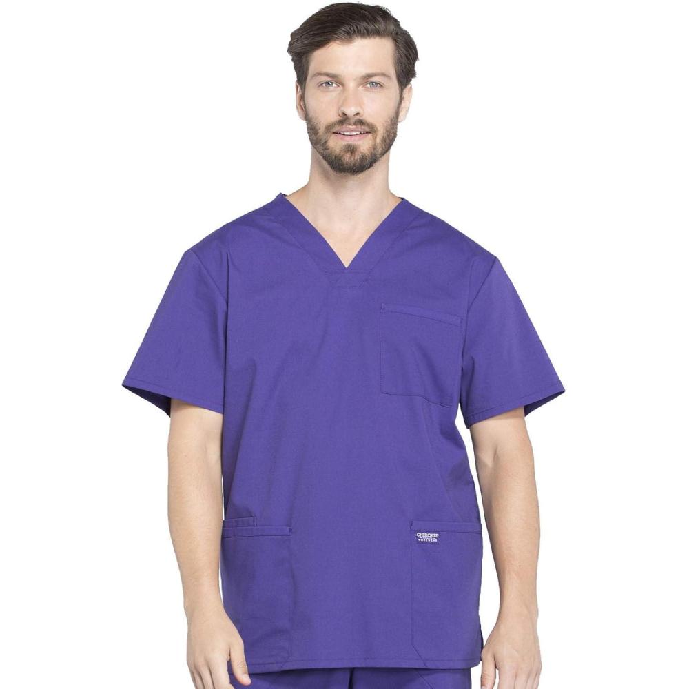 imageCherokee Mens VNeck Top Traditional fit with 4 Pockets Ultra Soft Durable Fade Resistant 2Way Stretch Fabric WW695Grape
