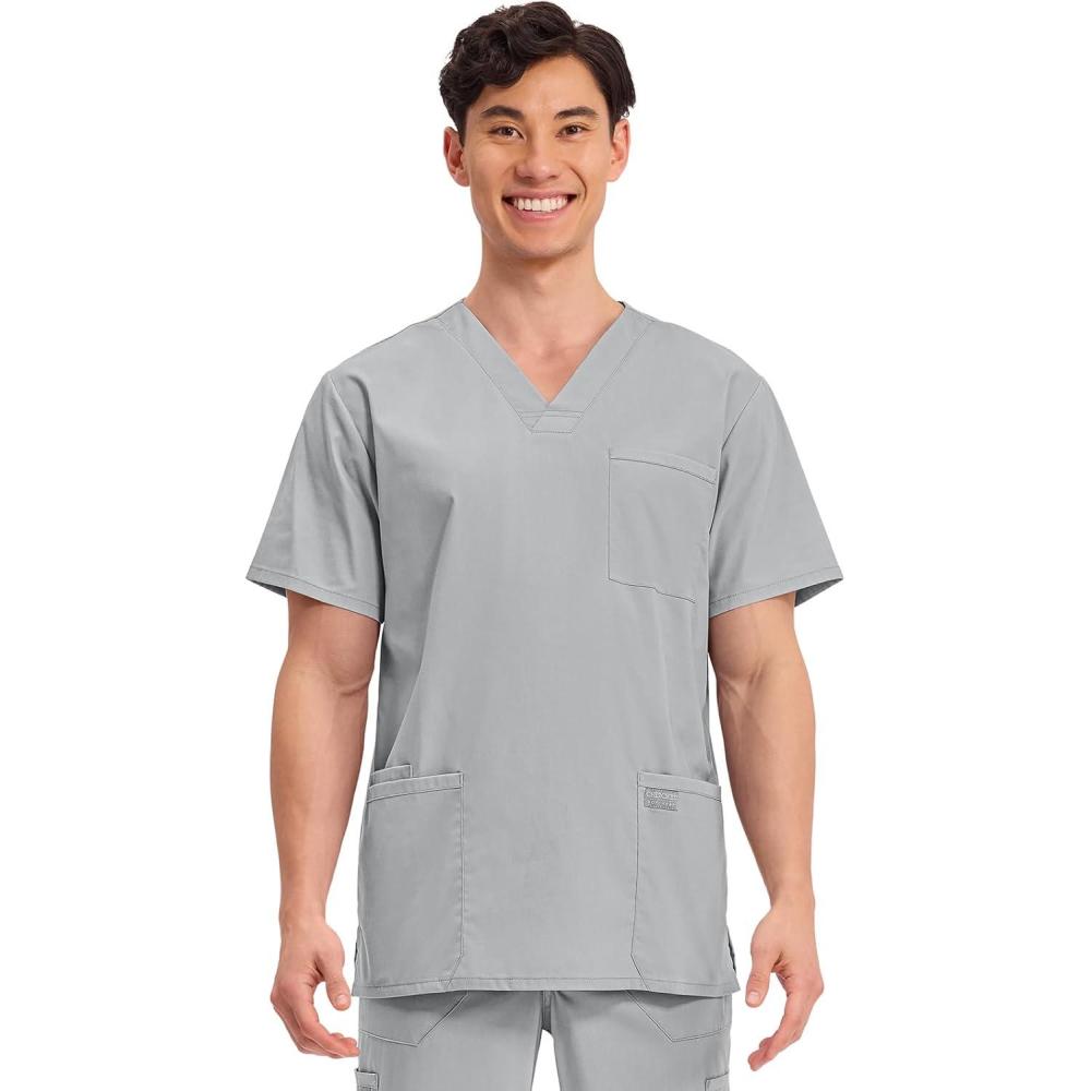 imageCherokee Mens VNeck Top Traditional fit with 4 Pockets Ultra Soft Durable Fade Resistant 2Way Stretch Fabric WW695Grey