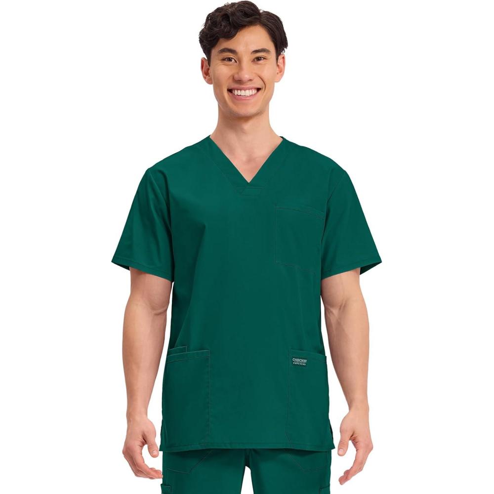 imageCherokee Mens VNeck Top Traditional fit with 4 Pockets Ultra Soft Durable Fade Resistant 2Way Stretch Fabric WW695Hunter Green