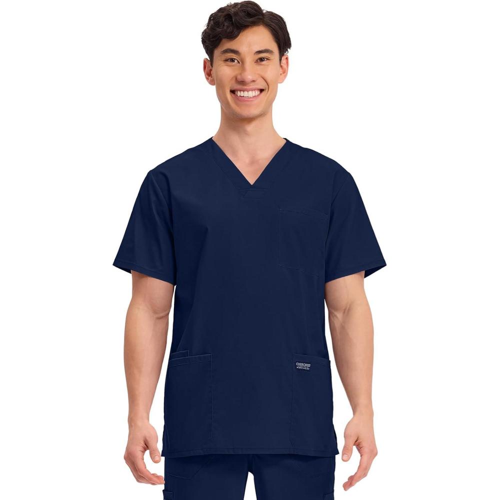 imageCherokee Mens VNeck Top Traditional fit with 4 Pockets Ultra Soft Durable Fade Resistant 2Way Stretch Fabric WW695Navy
