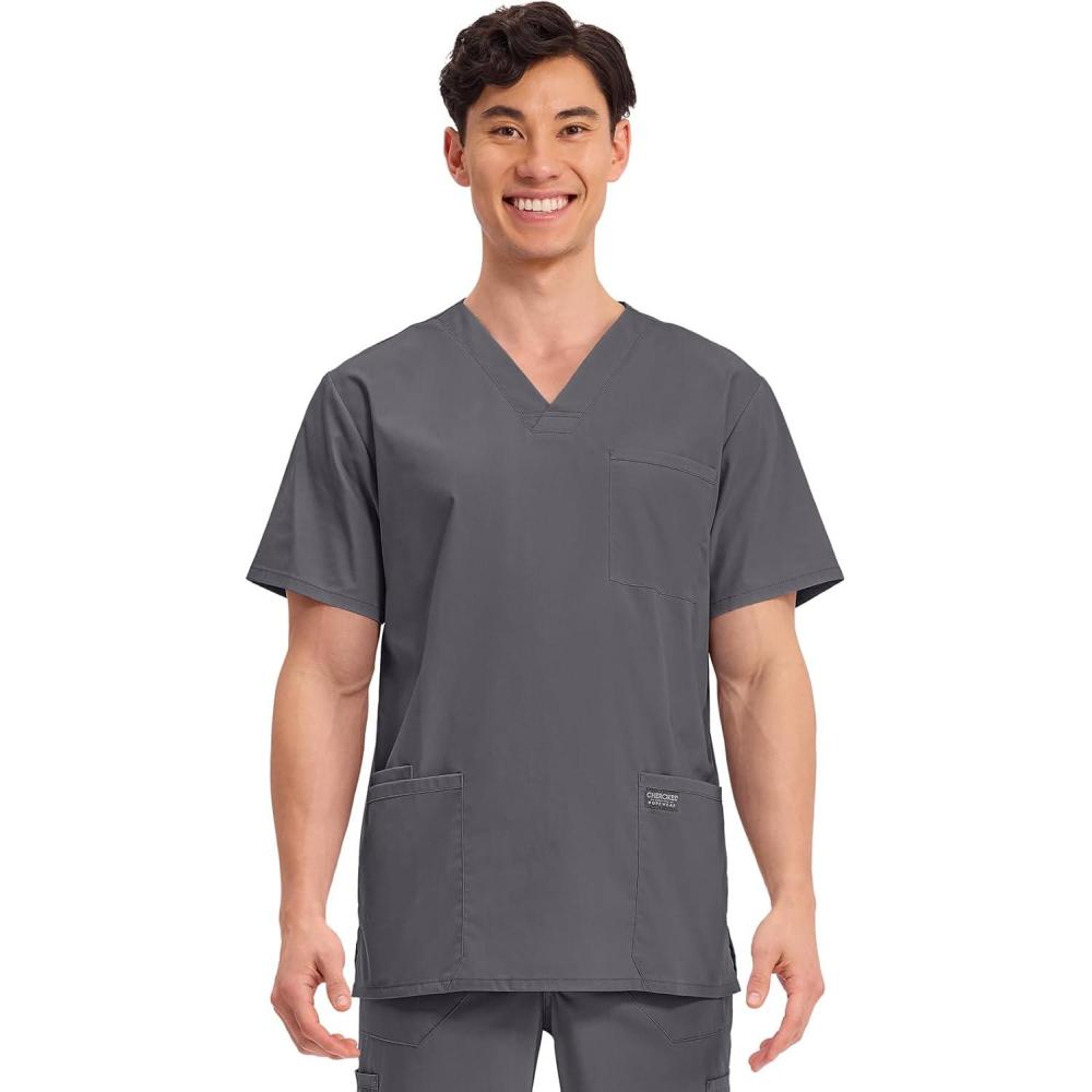 imageCherokee Mens VNeck Top Traditional fit with 4 Pockets Ultra Soft Durable Fade Resistant 2Way Stretch Fabric WW695Pewter