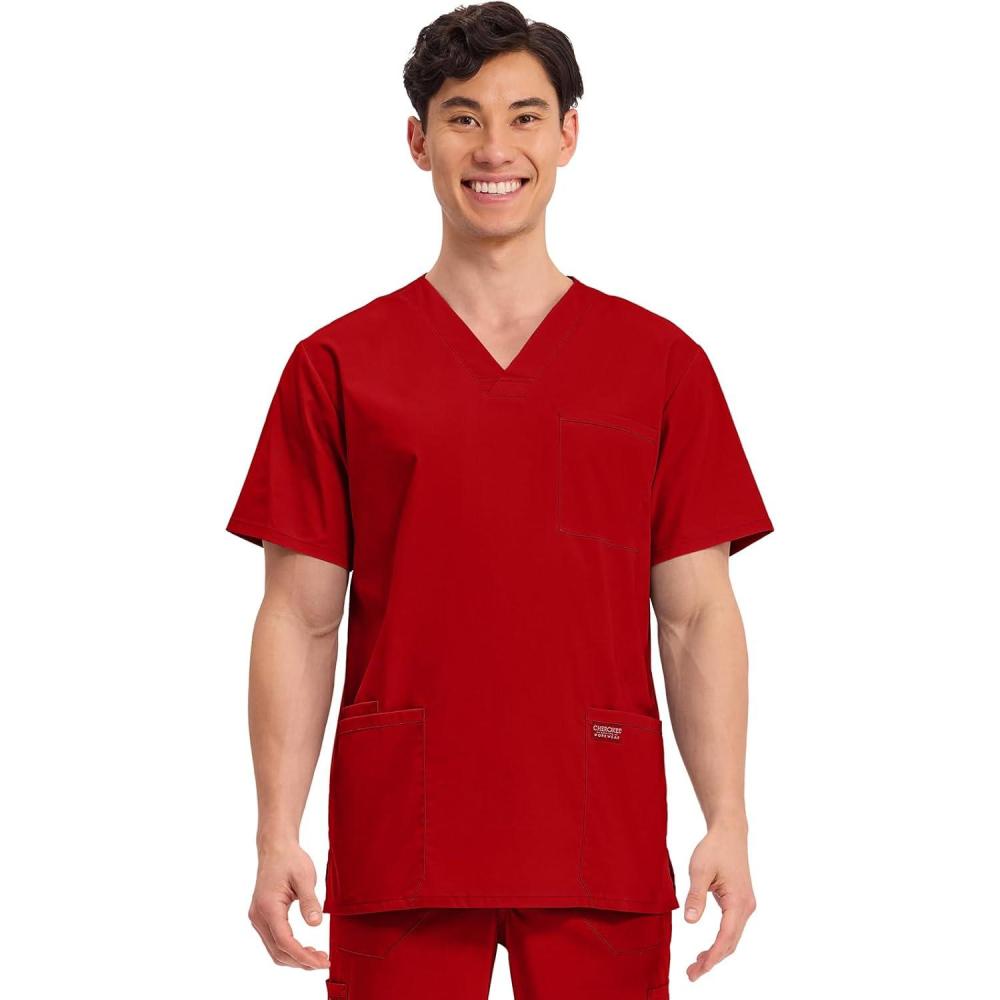 imageCherokee Mens VNeck Top Traditional fit with 4 Pockets Ultra Soft Durable Fade Resistant 2Way Stretch Fabric WW695Red