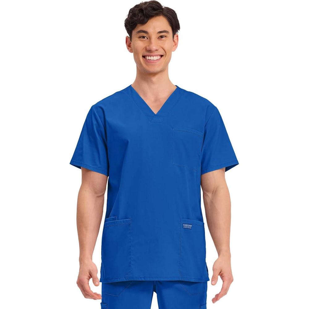 imageCherokee Mens VNeck Top Traditional fit with 4 Pockets Ultra Soft Durable Fade Resistant 2Way Stretch Fabric WW695Royal