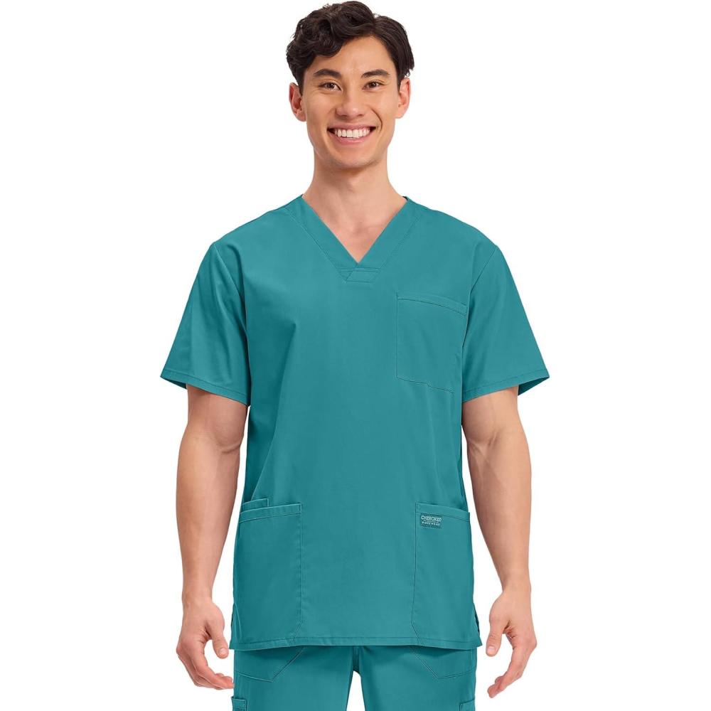 imageCherokee Mens VNeck Top Traditional fit with 4 Pockets Ultra Soft Durable Fade Resistant 2Way Stretch Fabric  WW695Teal Blue