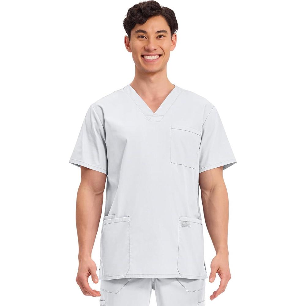 imageCherokee Mens VNeck Top Traditional fit with 4 Pockets Ultra Soft Durable Fade Resistant 2Way Stretch Fabric WW695White