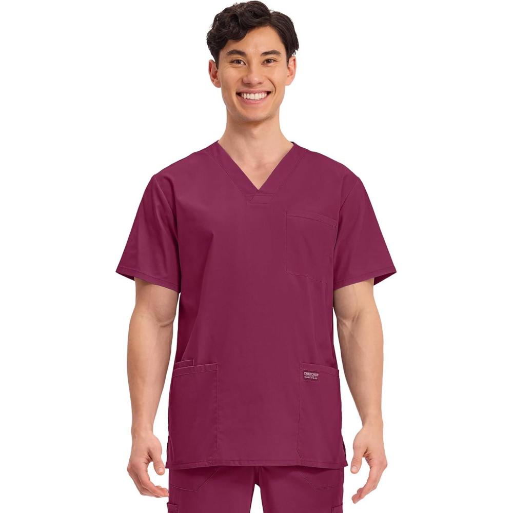 imageCherokee Mens VNeck Top Traditional fit with 4 Pockets Ultra Soft Durable Fade Resistant 2Way Stretch Fabric WW695Wine