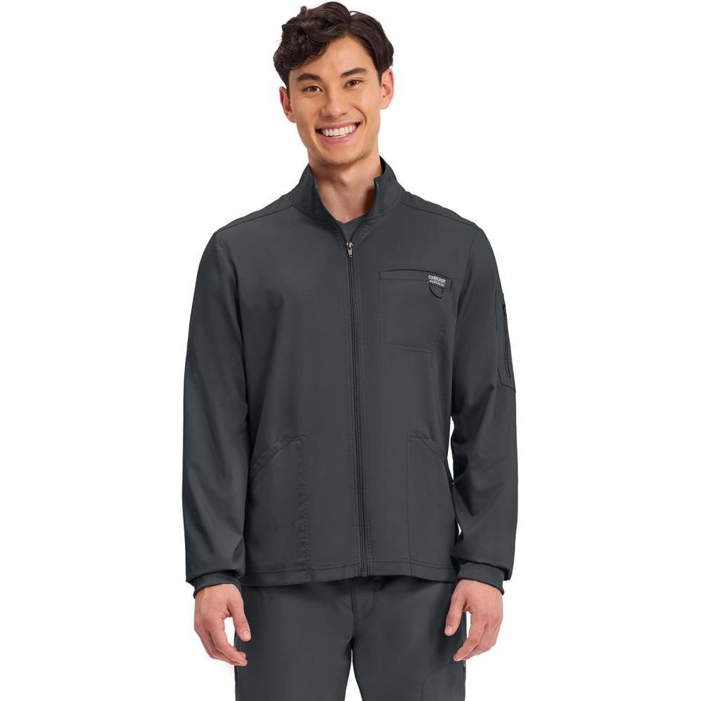 imageCherokee Scrub Jacket Mens Zip Front Jacket with 5 Pockets Bungee Loop RibKnit Cuffs Soft 2Way Stretch Fabric WW320Black