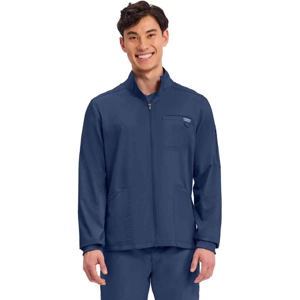 imageCherokee Scrub Jacket Mens Zip Front Jacket with 5 Pockets Bungee Loop RibKnit Cuffs Soft 2Way Stretch Fabric WW320Navy