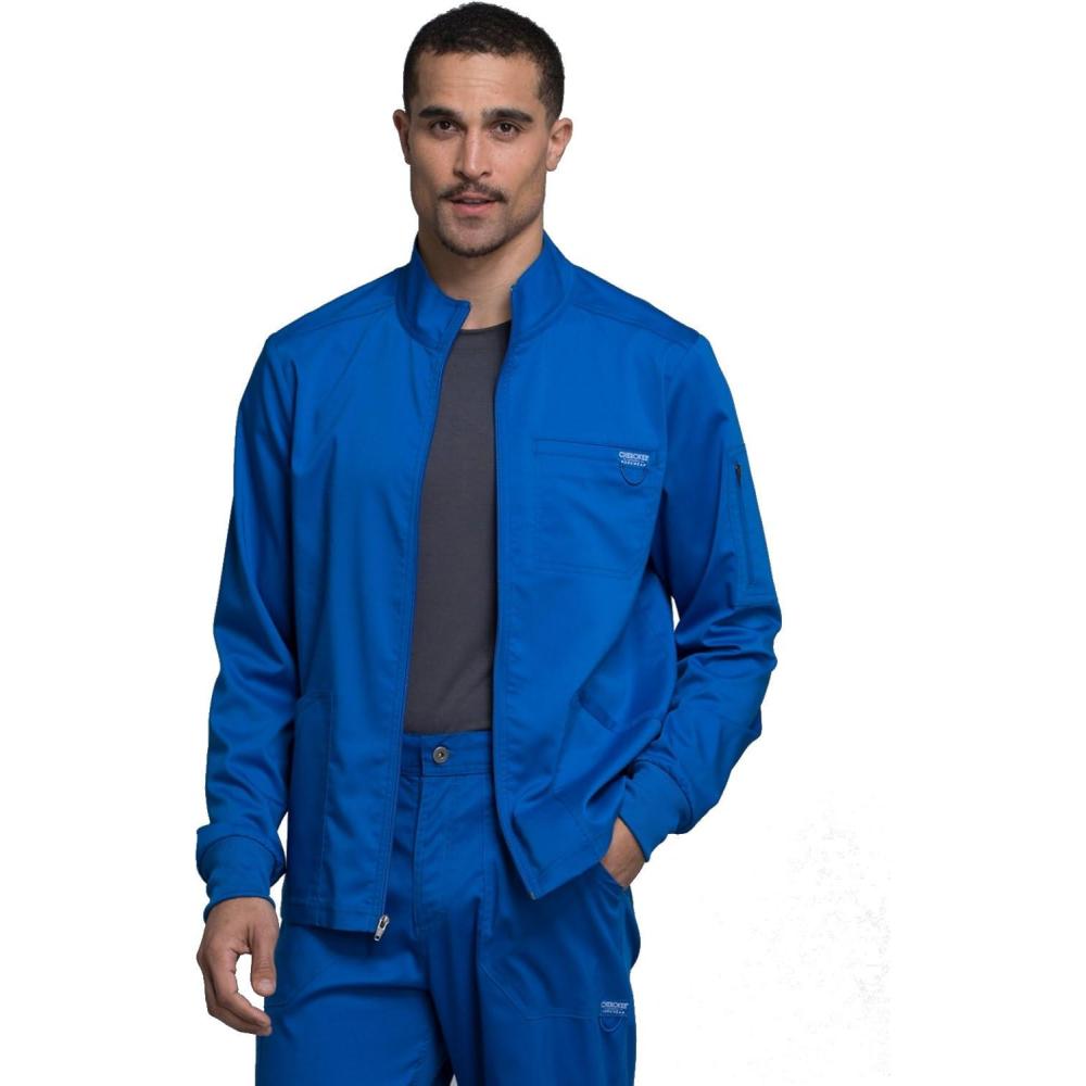 imageCherokee Scrub Jacket Mens Zip Front Jacket with 5 Pockets Bungee Loop RibKnit Cuffs Soft 2Way Stretch Fabric WW320Royal