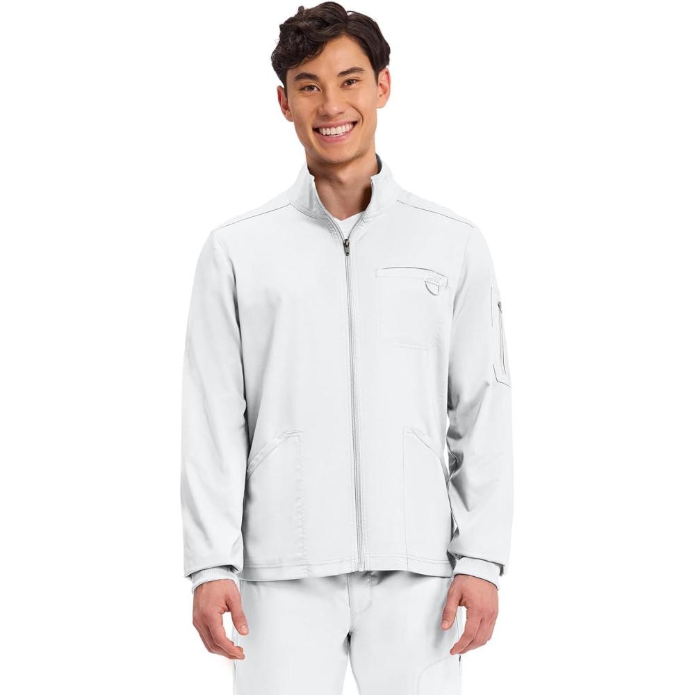 imageCherokee Scrub Jacket Mens Zip Front Jacket with 5 Pockets Bungee Loop RibKnit Cuffs Soft 2Way Stretch Fabric WW320White
