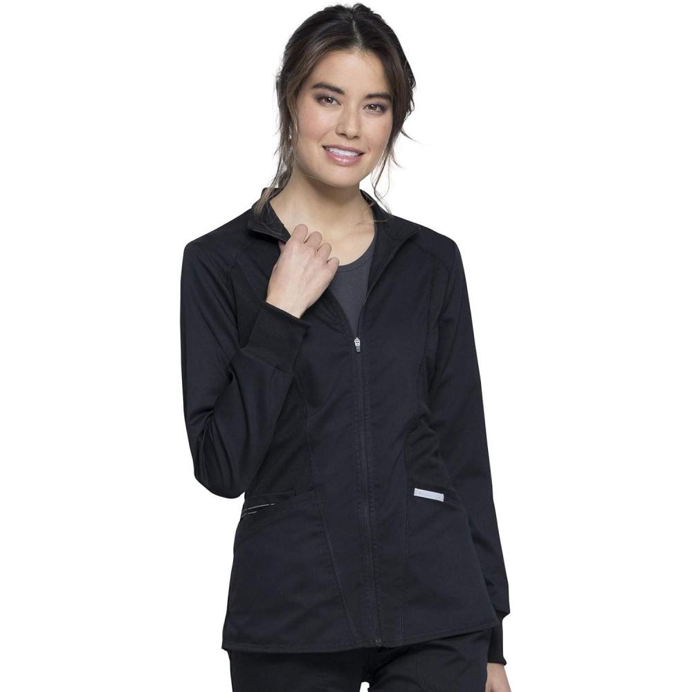 imageCherokee Scrub Jacket for Women Zip Front HighLow Medical Uniform 3 Pockets Mesh Detail Ultra Soft 2Way Stretch WW301Black