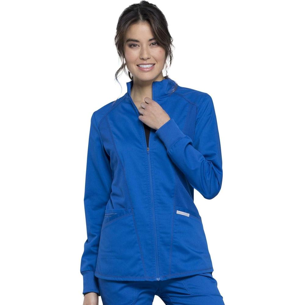 imageCherokee Scrub Jacket for Women Zip Front HighLow Medical Uniform 3 Pockets Mesh Detail Ultra Soft 2Way Stretch WW301Royal