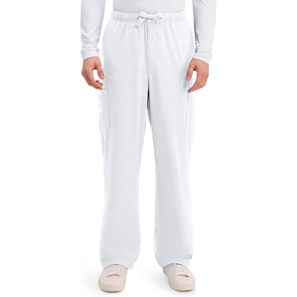 imageCherokee Scrub Pants for Men Cargo Nursing Bottom with Zip Fly 7 Pockets Elastic Waist amp 2Way Stretch Fabric 4243White