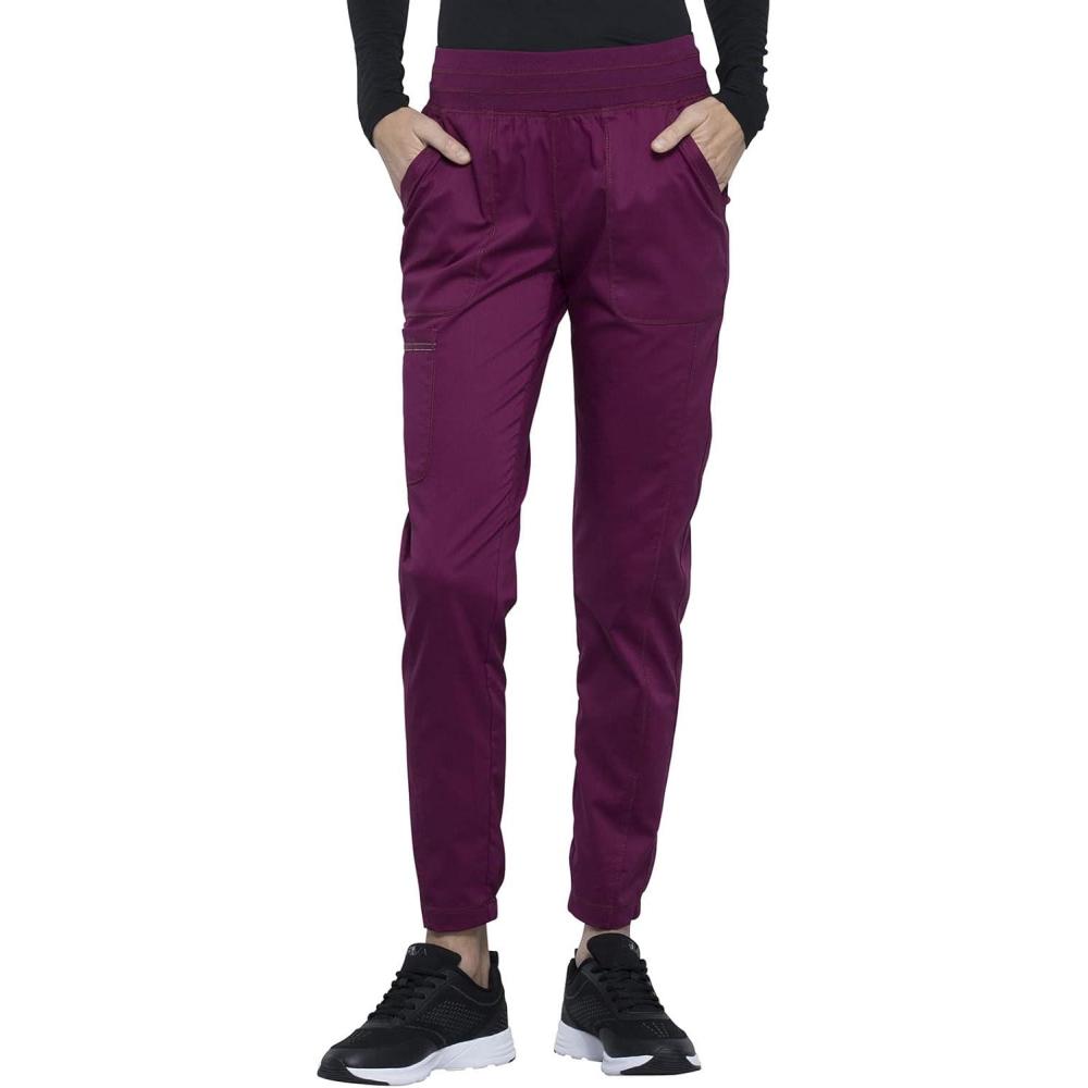 imageCherokee Scrub Pants for Women Jogger Natural Rise Medical Uniform 5 Pocket Elastic Waist Ultra Soft 2Way Stretch WW011Wine