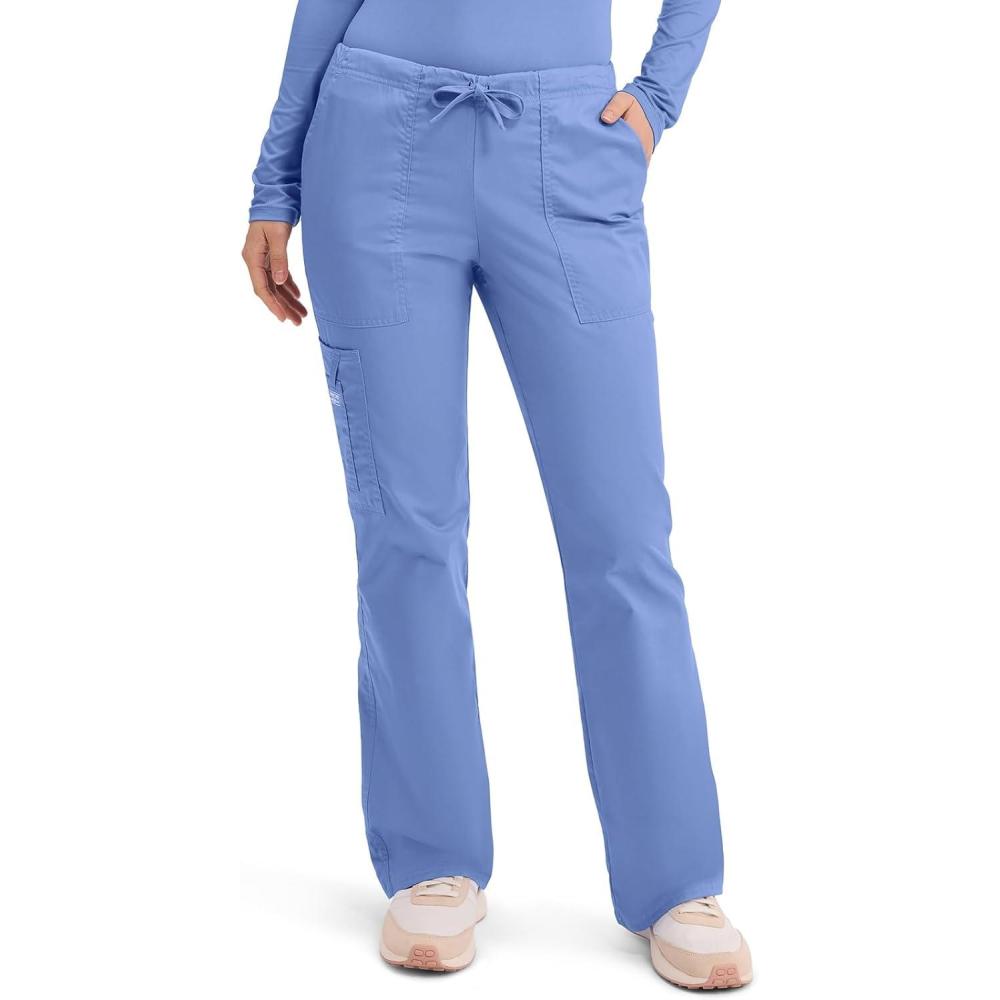 imageCherokee Scrub Pants for Women Mid Rise Flare Leg Drawstring Cargo Medical Uniform 4 Pocket Durable Easy Care Stretch 4044Ciel