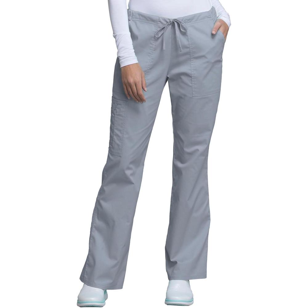 imageCherokee Scrub Pants for Women Mid Rise Flare Leg Drawstring Cargo Medical Uniform 4 Pocket Durable Easy Care Stretch 4044Grey