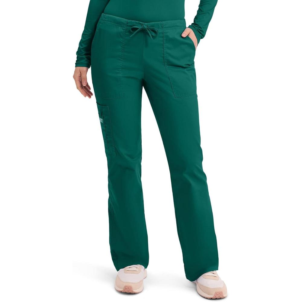 imageCherokee Scrub Pants for Women Mid Rise Flare Leg Drawstring Cargo Medical Uniform 4 Pocket Durable Easy Care Stretch 4044Hunter