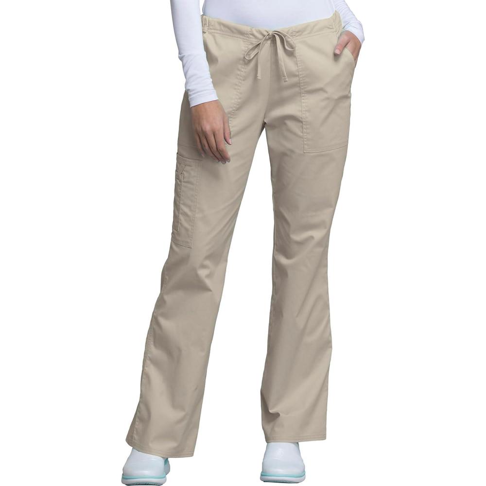 imageCherokee Scrub Pants for Women Mid Rise Flare Leg Drawstring Cargo Medical Uniform 4 Pocket Durable Easy Care Stretch 4044Khaki
